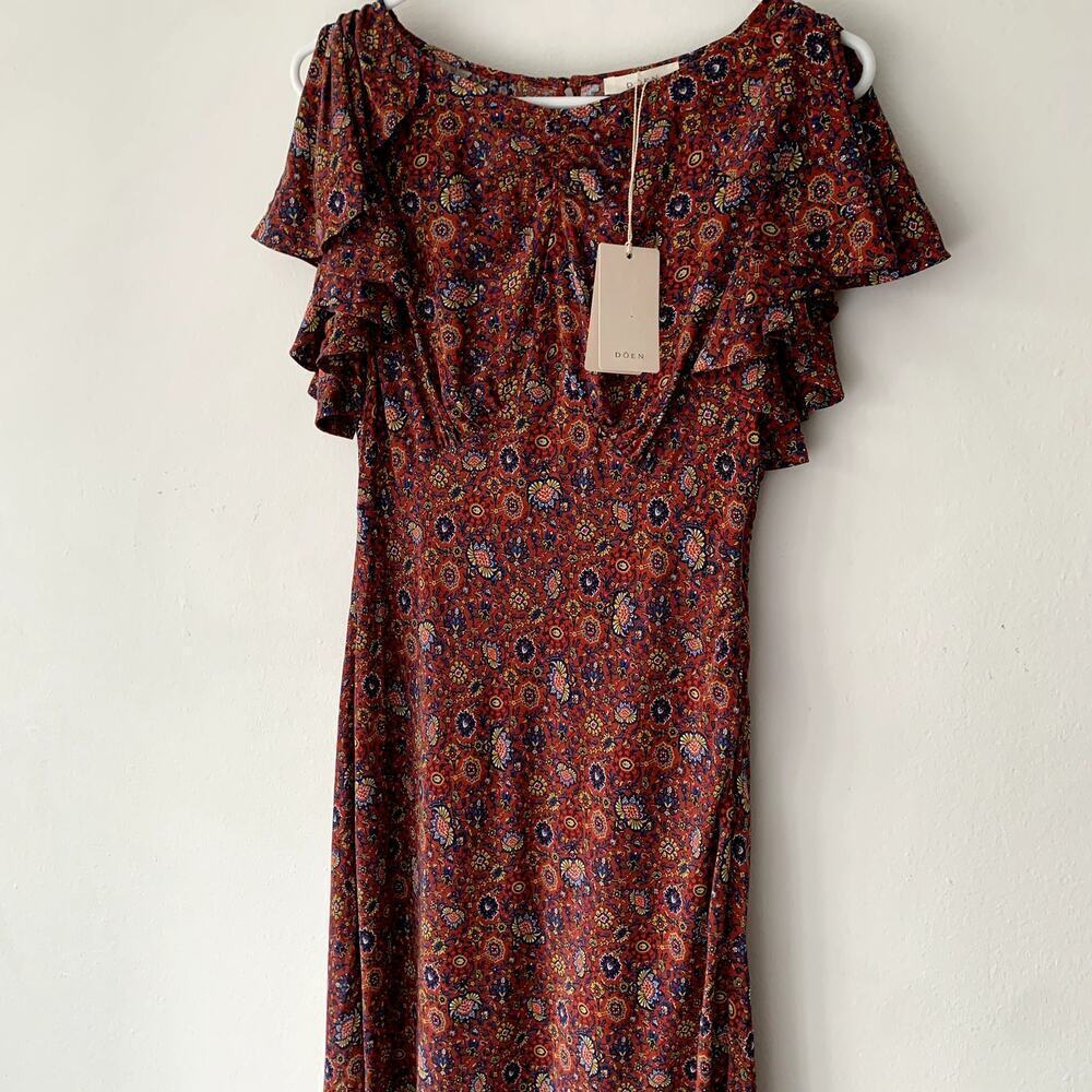 NWT Doen Beatriz Silk Ruffle Short Sleeve Maxi Dress Rouge Adaline Medallion - Picture 9 of 16